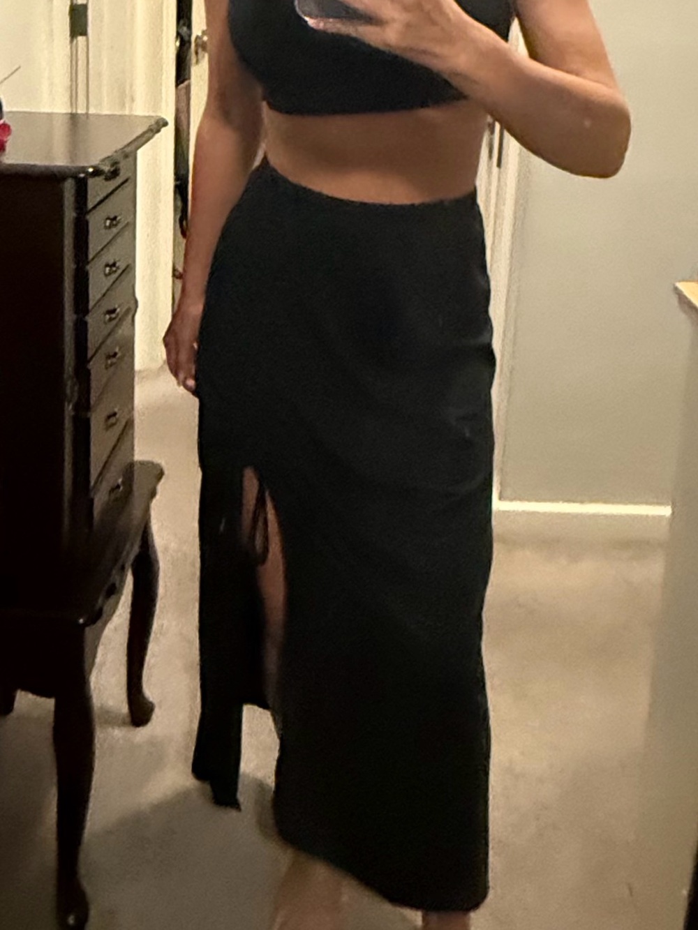 Side-Slit Black Maxi Skirt with Adjustable Tie